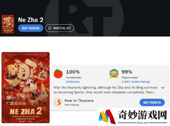 哪吒2烂番茄震撼开局：100%新鲜度,爆米花指数99%